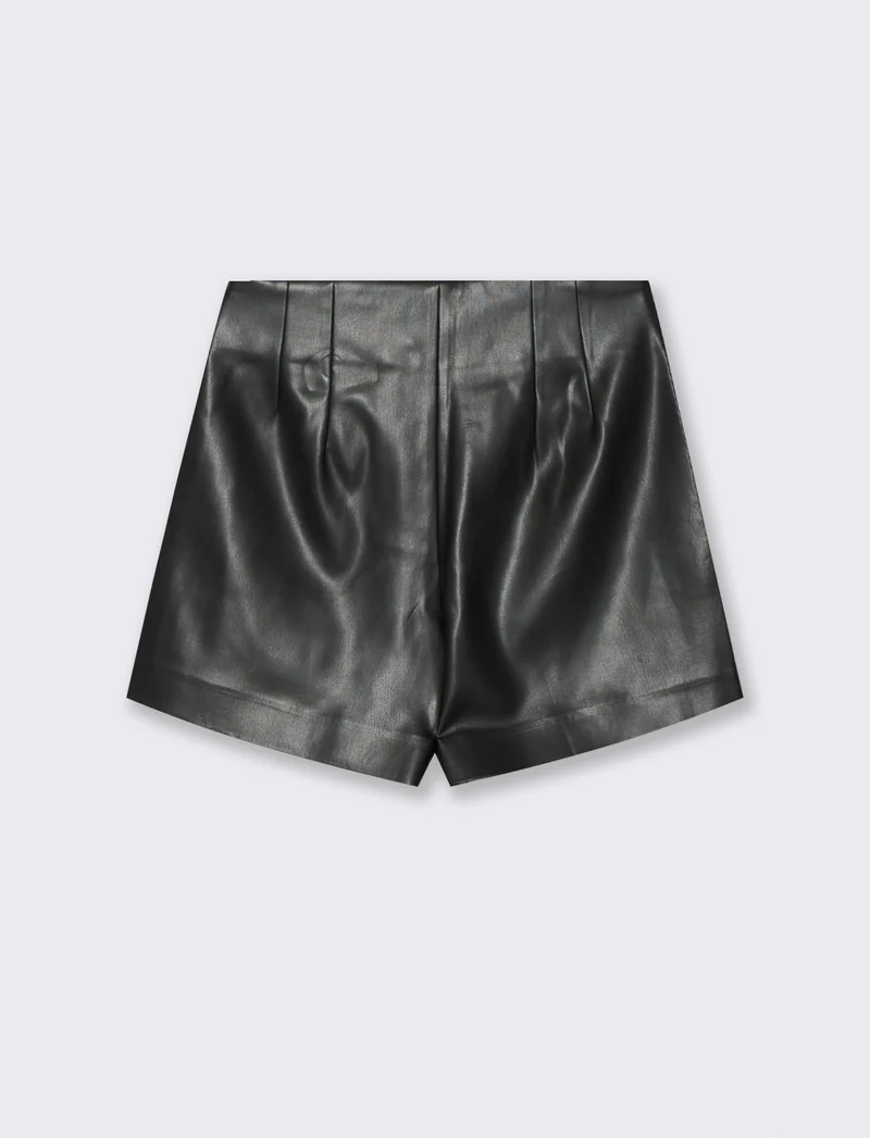 Short in Tessuto Effetto Pelle Vita Alta - Nero