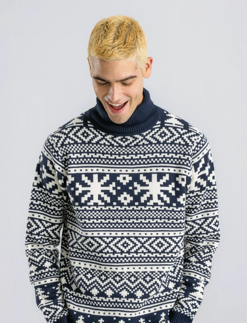 MAGLIA COLLO ALTO FANTASIA JACQUARD - Blu