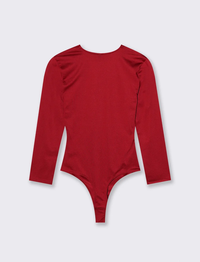 Body manica lunga scollo a V arricciato - Rosso india