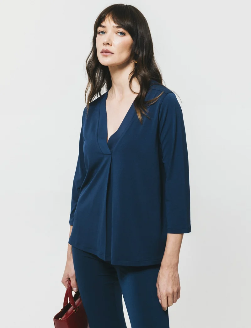 T-Shirt Scollo a V 3/4 Manica Comoda - Blu