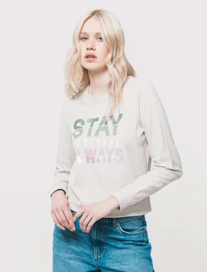 T-Shirt Manica Lunga con Stampa Frontale - Beige grano