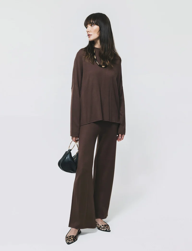 Pantalone in Maglia con Elastico Vita - Marrone