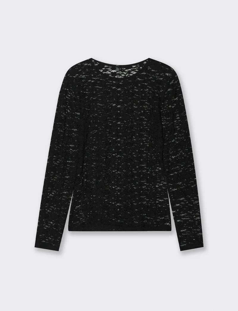 T-Shirt in Pizzo Manica Lunga Giro Collo - Nero