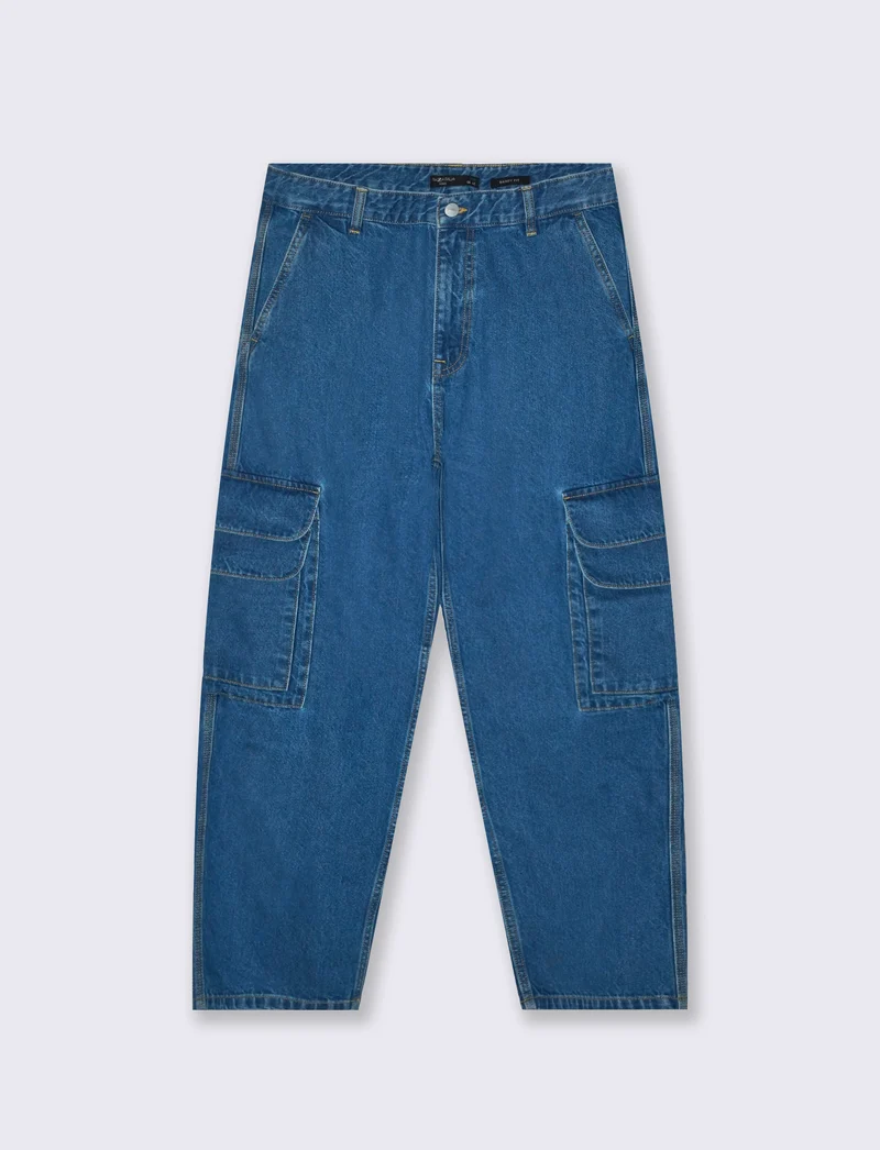 Jeans Baggy Cargo con Tasche Patta - Denim