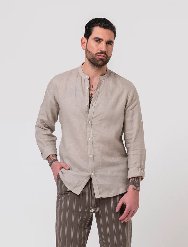 Camicia coreana 100% lino da uomo - Beige