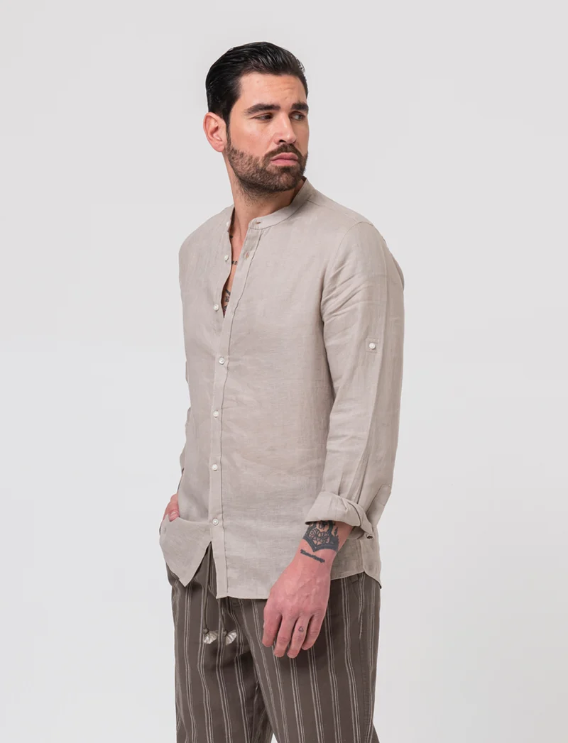 Camicia coreana 100% lino da uomo - Beige