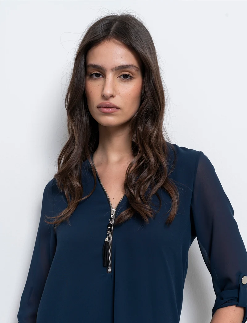 Casacca manica 3/4 con bottone e zip sul davanti. - Blu