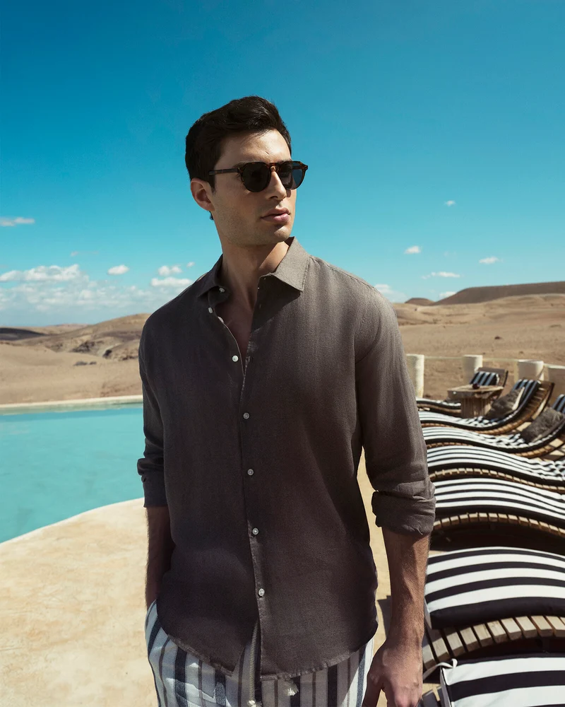 Camicia 100% lino da uomo - Grigio fango