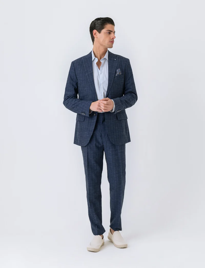 Blazer da completo gessato effetto slub da uomo - Blu melange