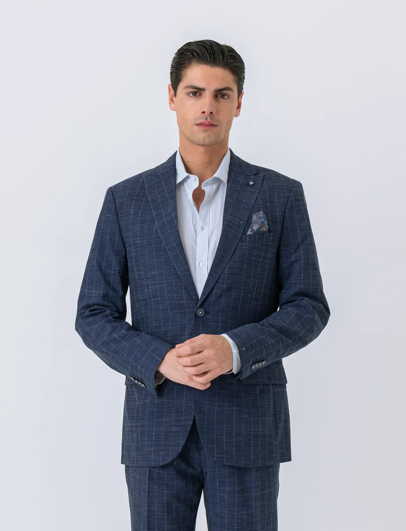 Blazer da completo gessato effetto slub da uomo - Blu melange