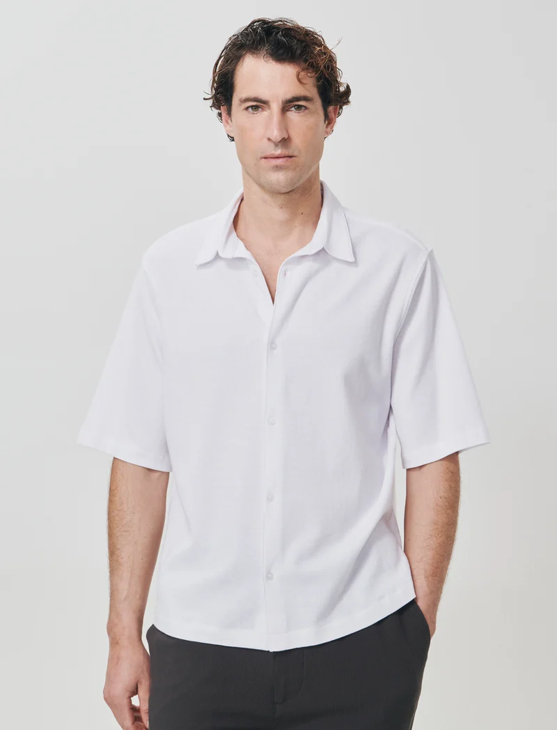 Camicia Micro Waffle con Colletto Francese - Bianco