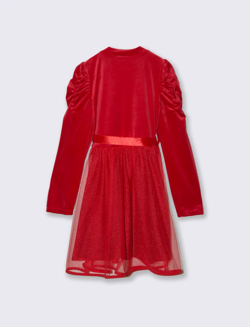 Abito in velluto con gonna a contrasto. - Rosso