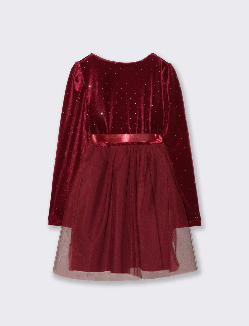 Abito in velluto con gonna in tulle. - Bordeaux