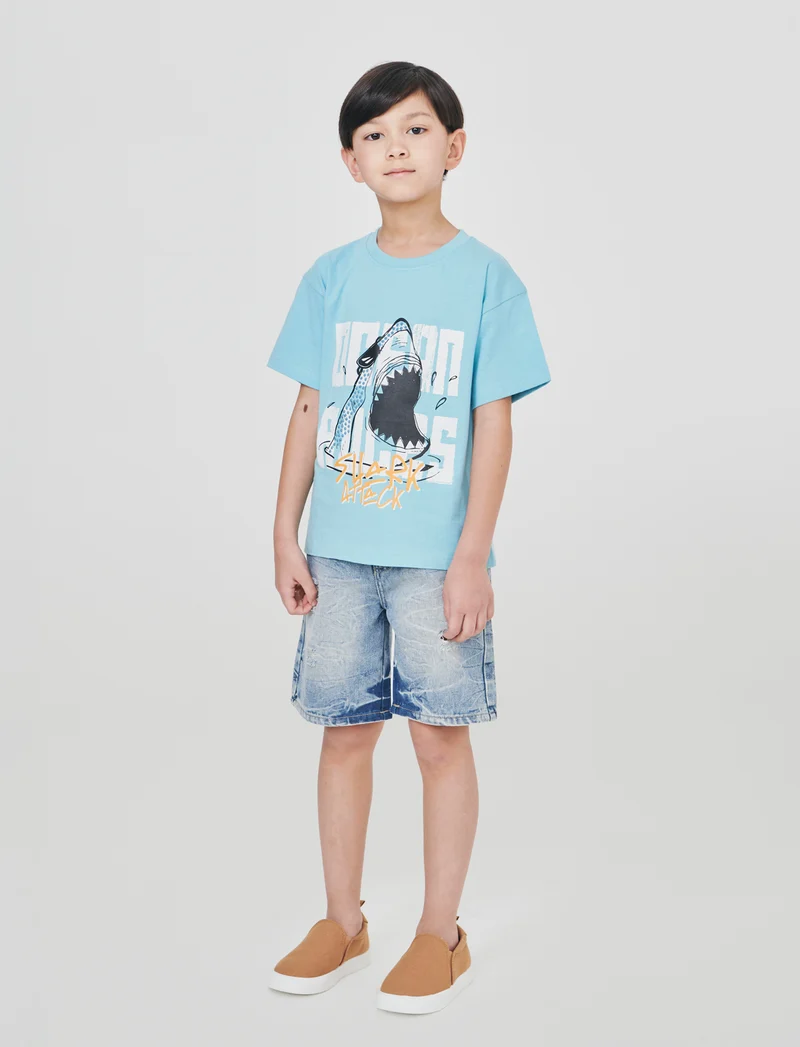 Bermuda in denim con rotture frontali - Denim chiaro