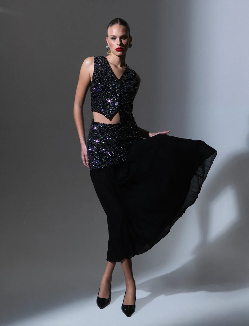 Gonna midi in paillettes e georgette - Argento