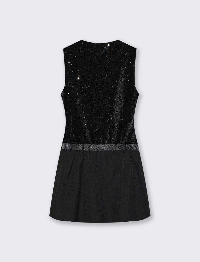 Vestito corto con cintura in doppio tessuto, paillettes e unito. - nero-nero