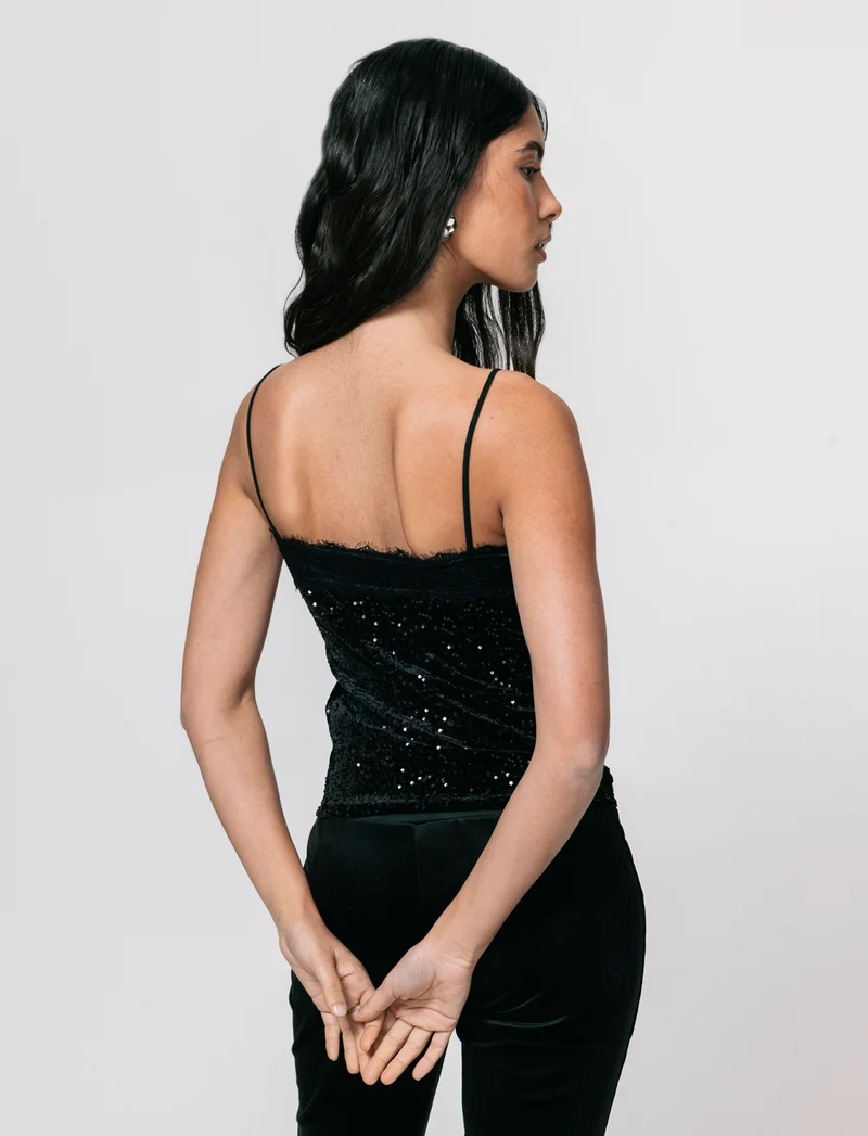 Top in paillettes e pizzo - Nero
