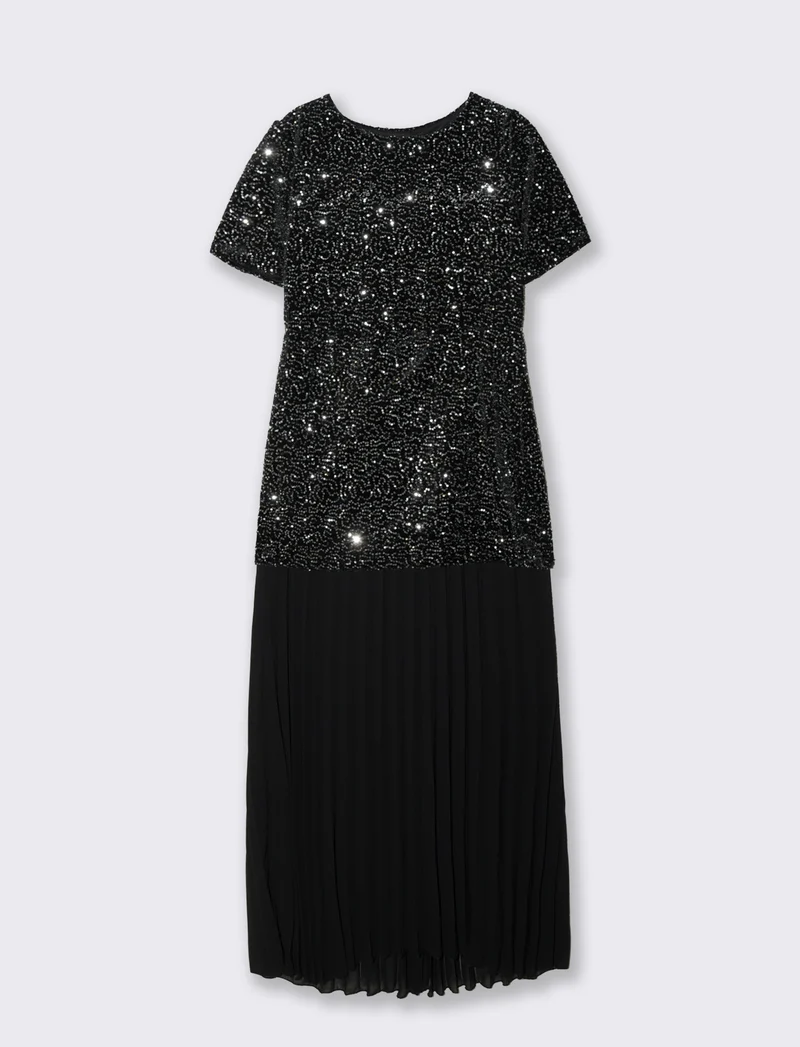 Vestito con maniche corte in paillettes e georgette plisset - Argento