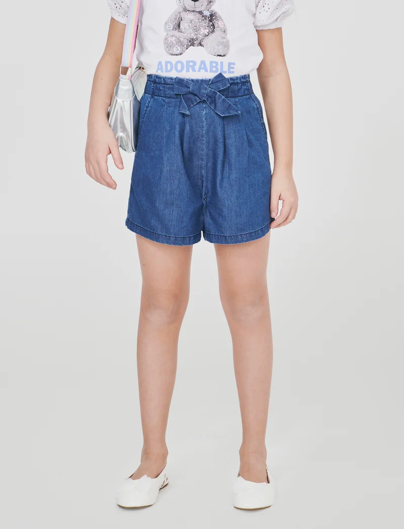 Short in chambray con fiocco decorativo - DENIM SCURO