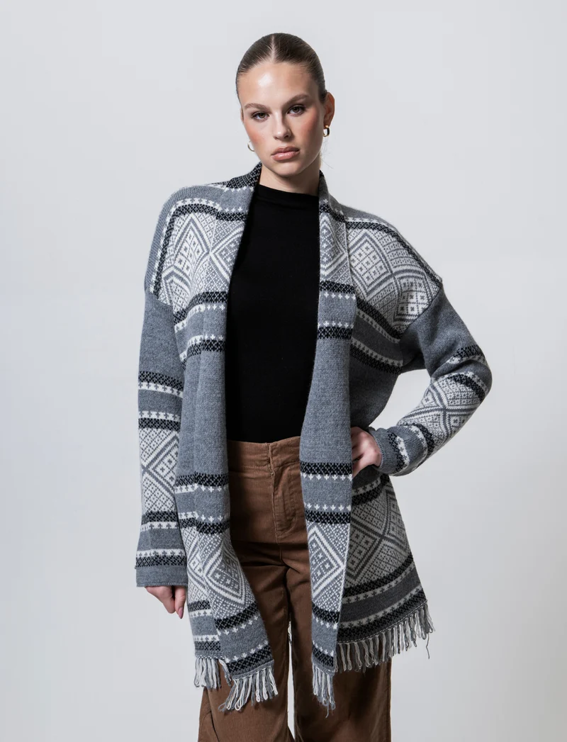 Maglia lunga jacquard modello spolverino - Grigio