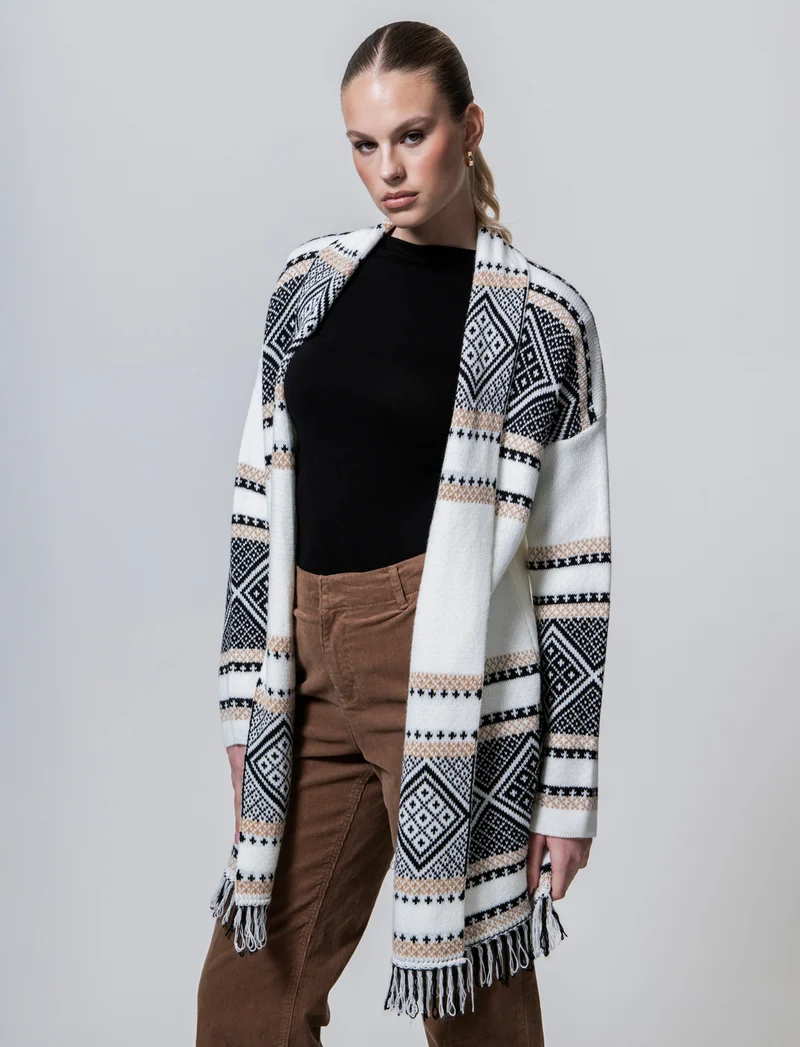 Maglia lunga jacquard modello spolverino - Bianco panna