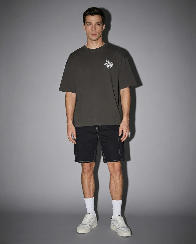 T-shirt girocollo con stampe - Grigio piombo