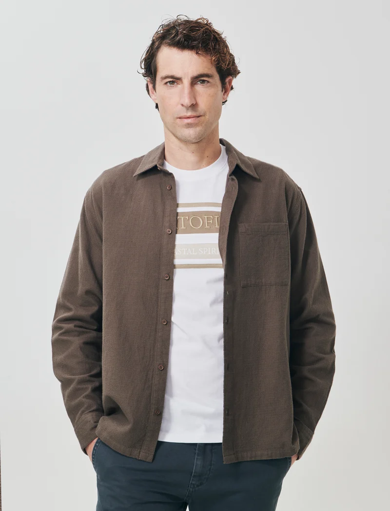 Camicia cropped in cotone waffle - Grigio fango