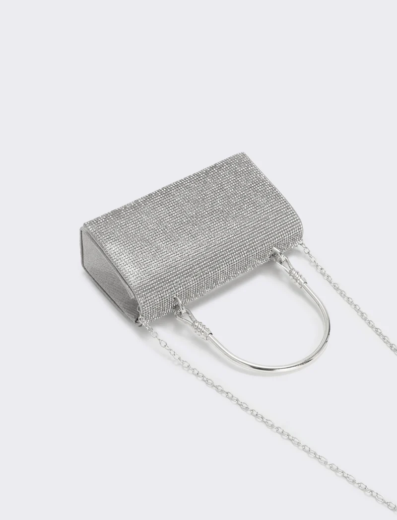 Borsa con strass e manico metallico - Nero