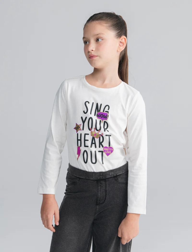 T-shirt manica lunga in morbido cotone - Bianco latte