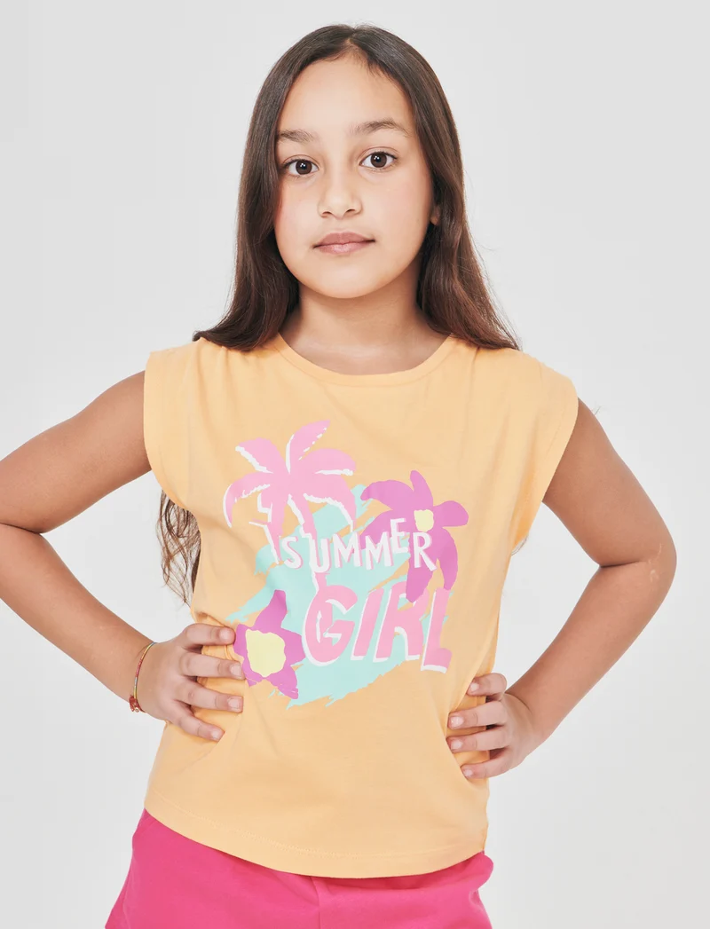 T-shirt giromanica bambina con arriccio - Pesca