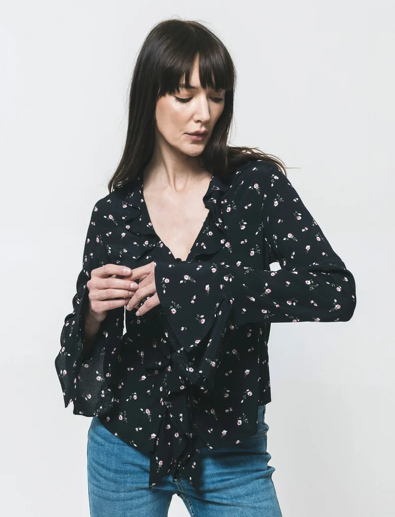 Camicia Stampata con Scollo a V e Rouches - var 1