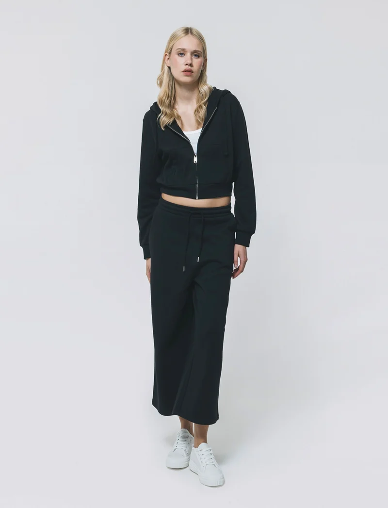 Felpa Crop con Cappuccio e Zip Frontale - Nero