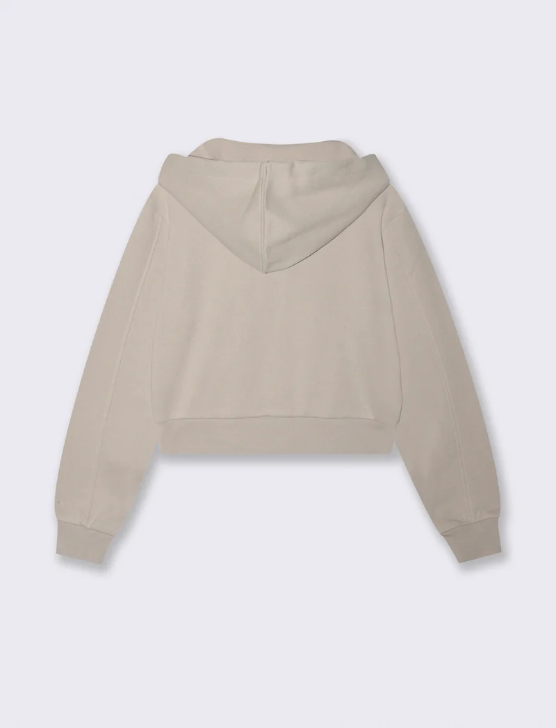 Felpa Crop con Cappuccio e Zip Frontale - Beige grano