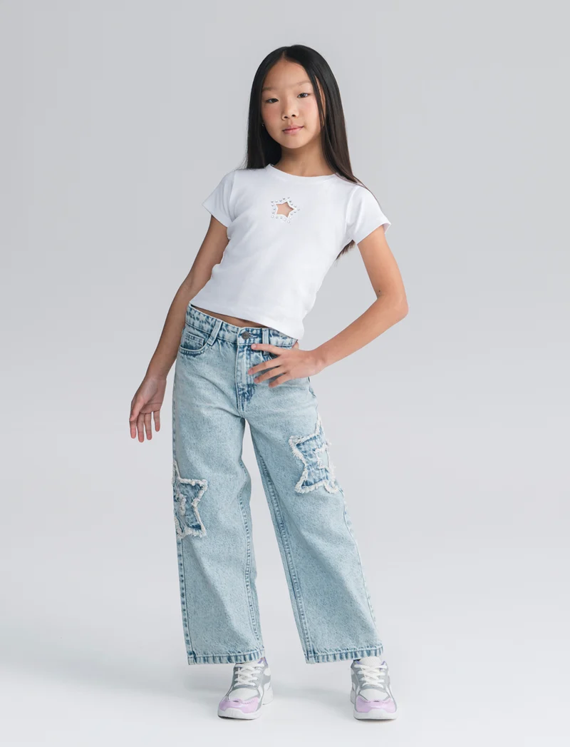Jeans gamba larga con patch stella glamour - Denim