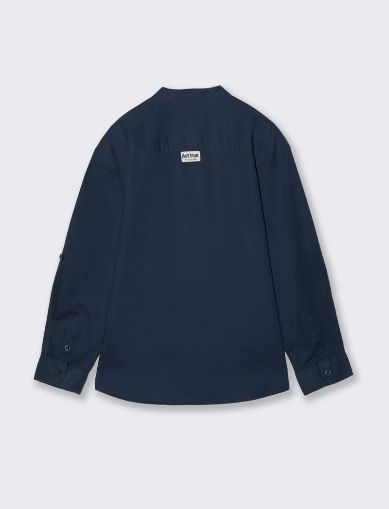 Camicia manica lunga con collo coreano - Blu