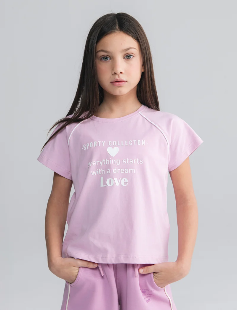 T-shirt sporty mezza manica con stampa - Rosa
