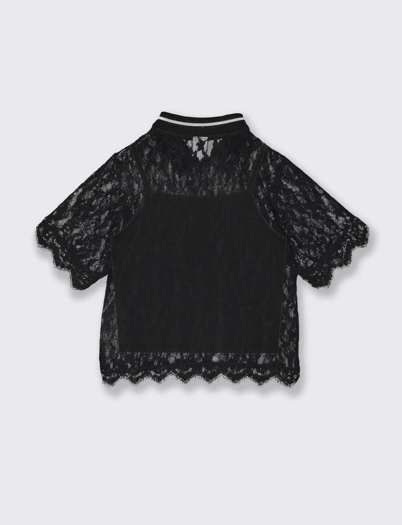 T-shirt polo doppio strato in pizzo - Nero