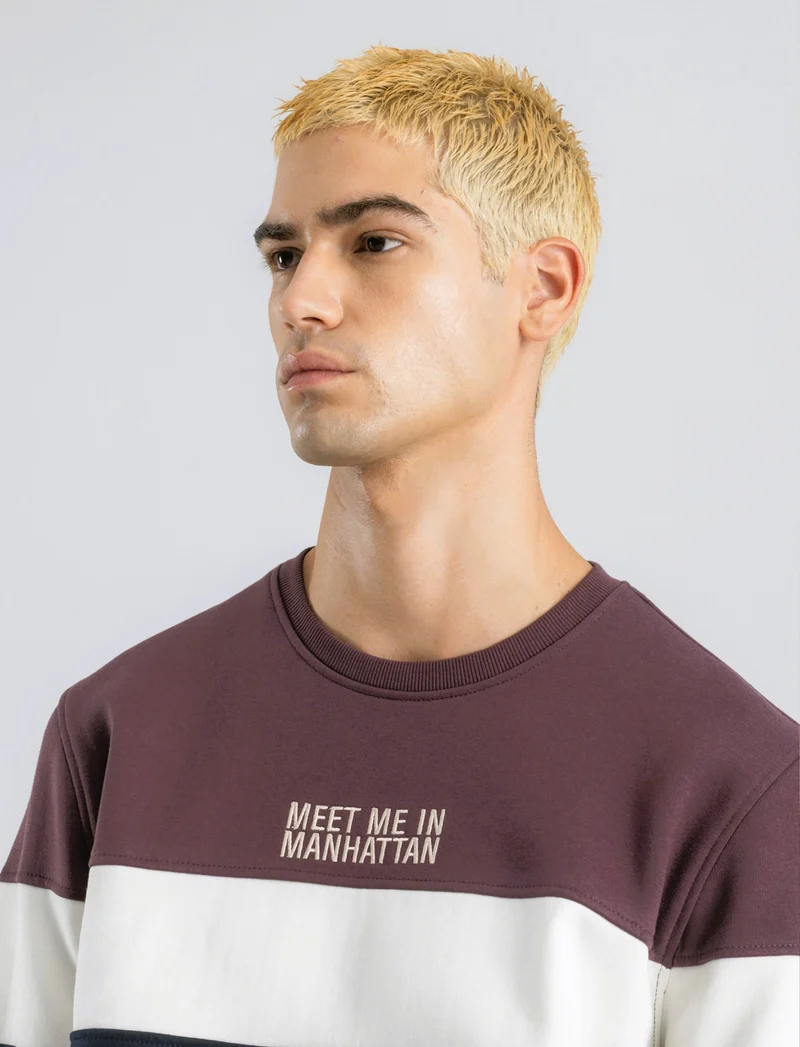 FELPA CON RICAMO E FASCIA CONTRASTO - Bordeaux