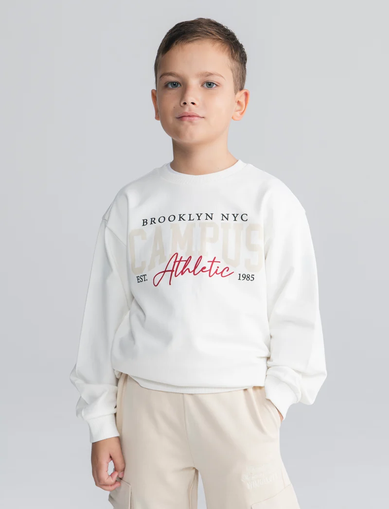 Felpa basic in cotone con stampa sportiva - Bianco latte