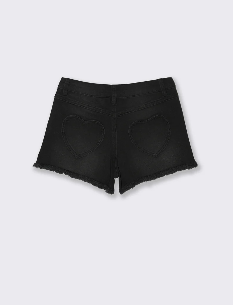 Short denim elastico con tasche a cuore - Nero