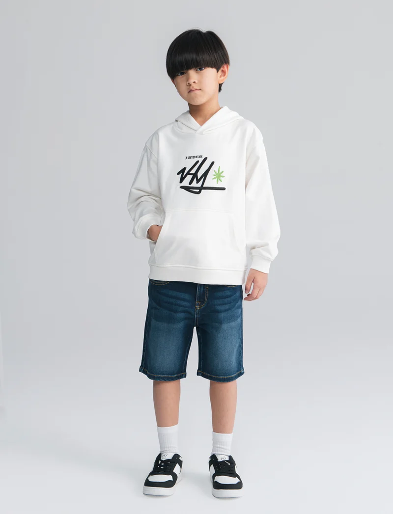 Felpa girocollo con cappuccio e tascone - Bianco latte