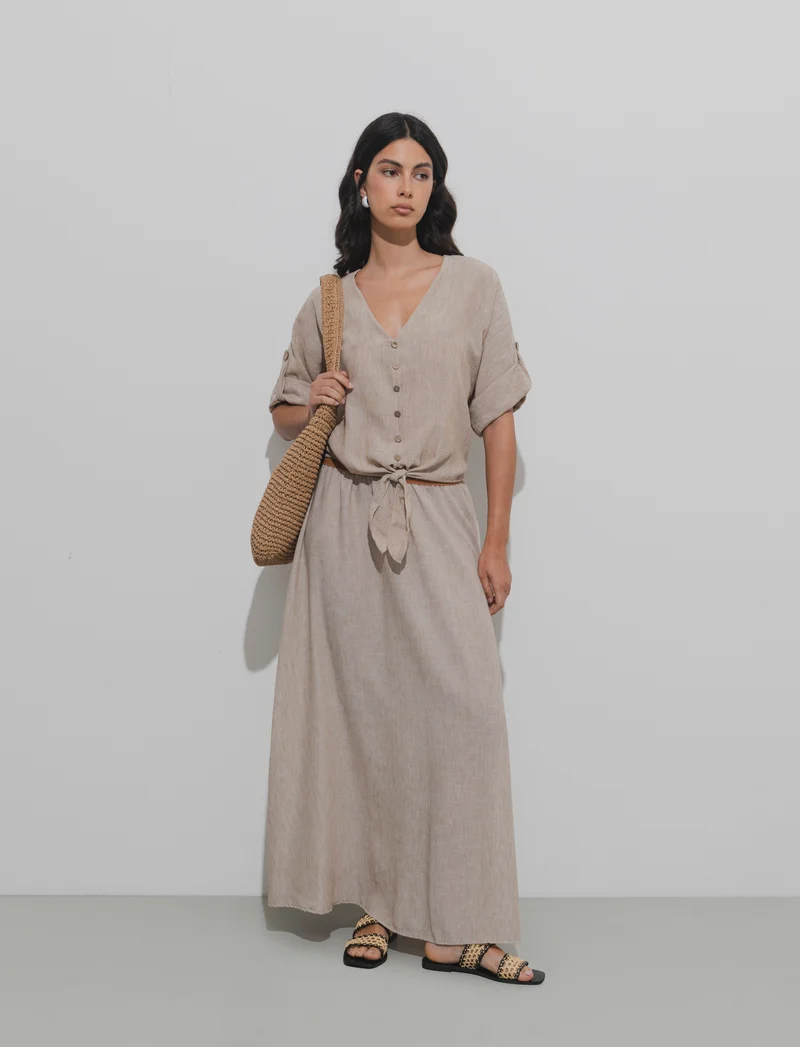 Gonna lunga con elastico in vita - Beige