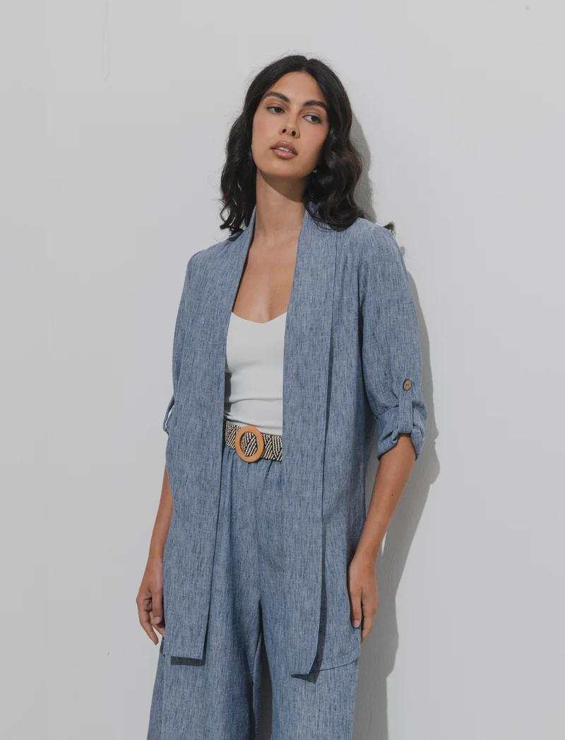 Giacca lunga destrutturata senza bottoni - Denim
