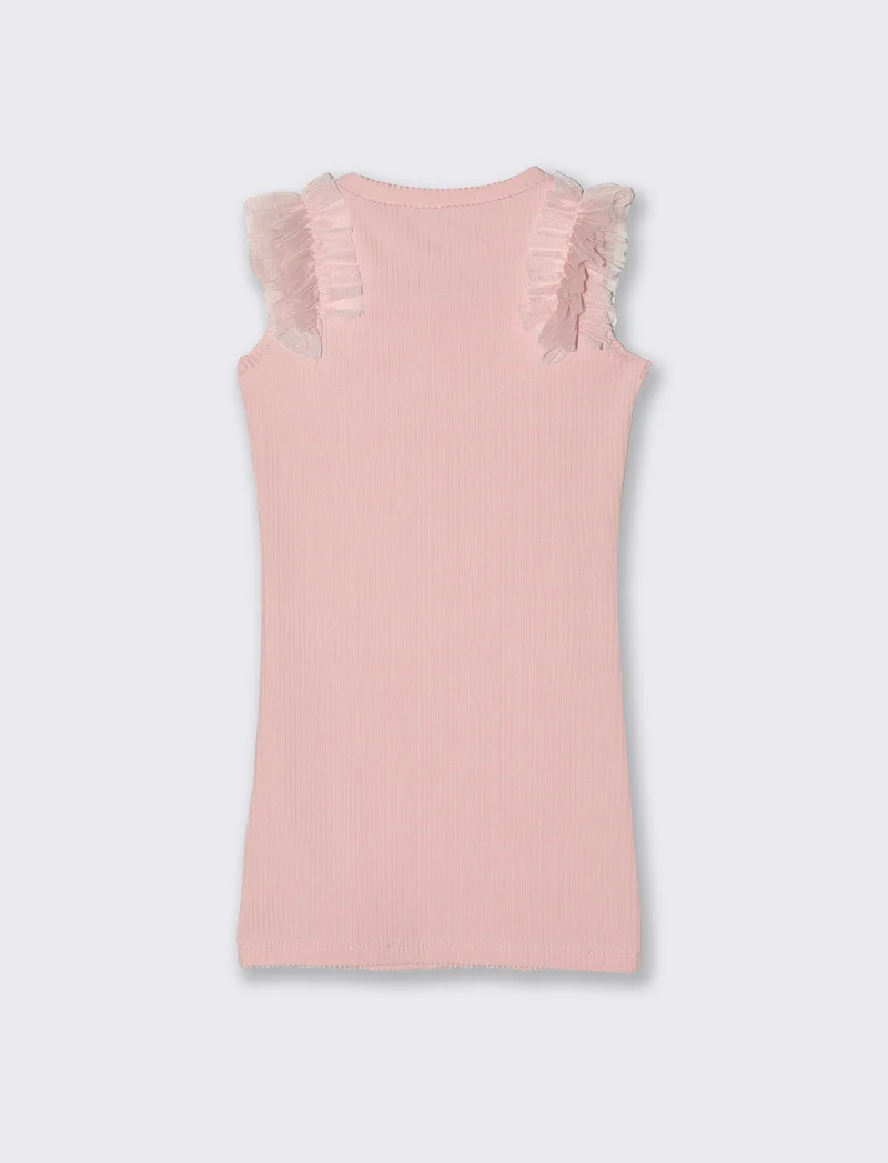 Abito in costina elastica con rouches in tulle sulle spalle. - Rosa