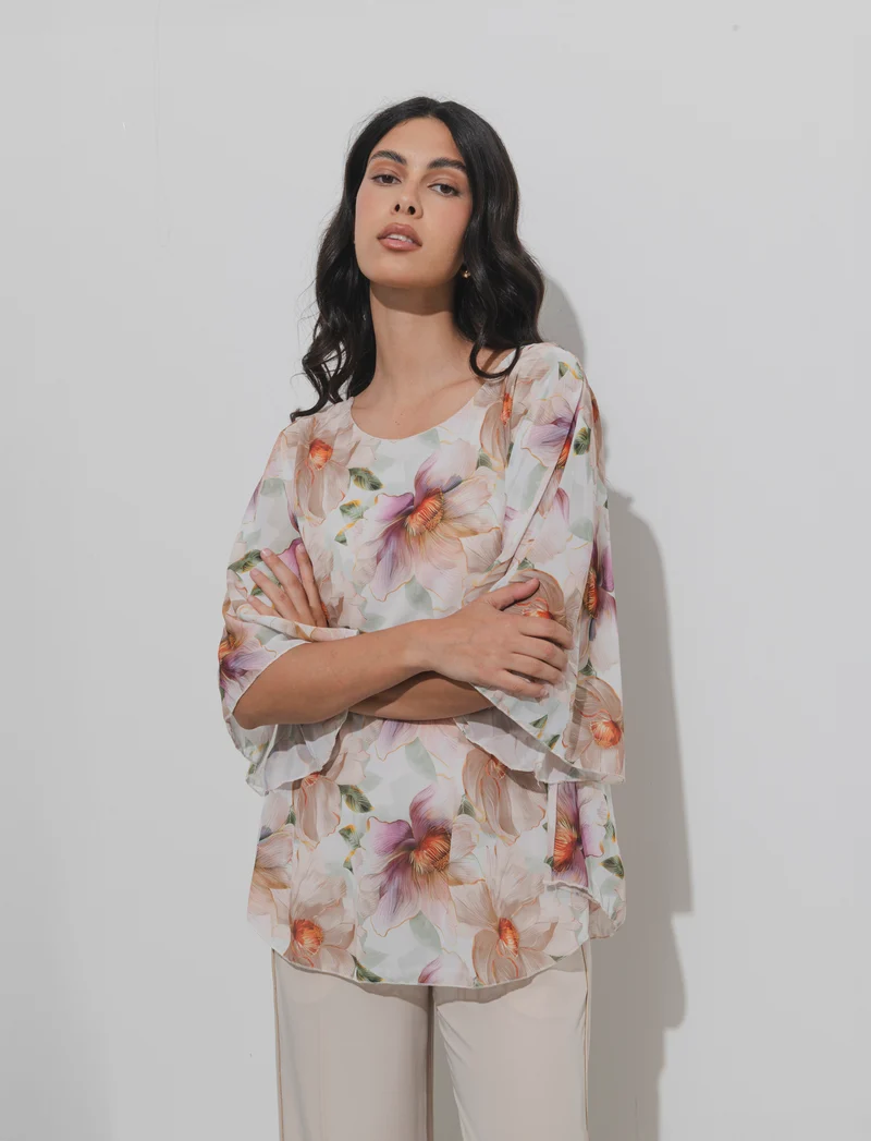 Casacca stampata over in tessuto leggero - Beige