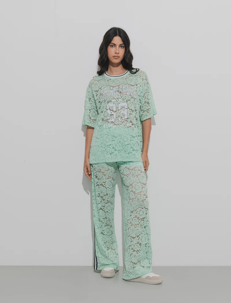 Pantalone in pizzo con bande laterali - ACQUA