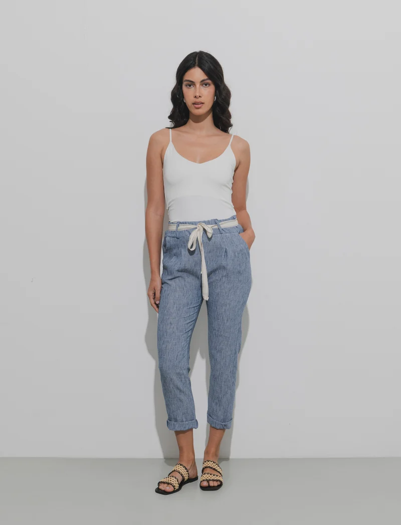 Pantalone con elastico in vita e cintura - Denim