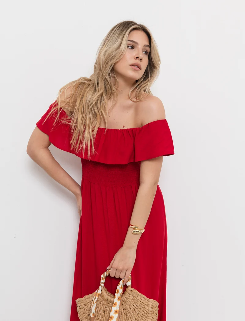 Vestito lungo off shoulder da donna - Rosso scarlatto