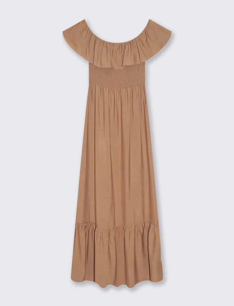 Vestito lungo off shoulder da donna - Caramello