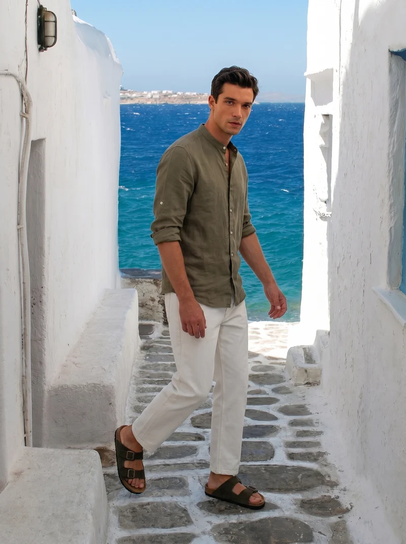 Camicia coreana 100% lino da uomo - Verde kaki